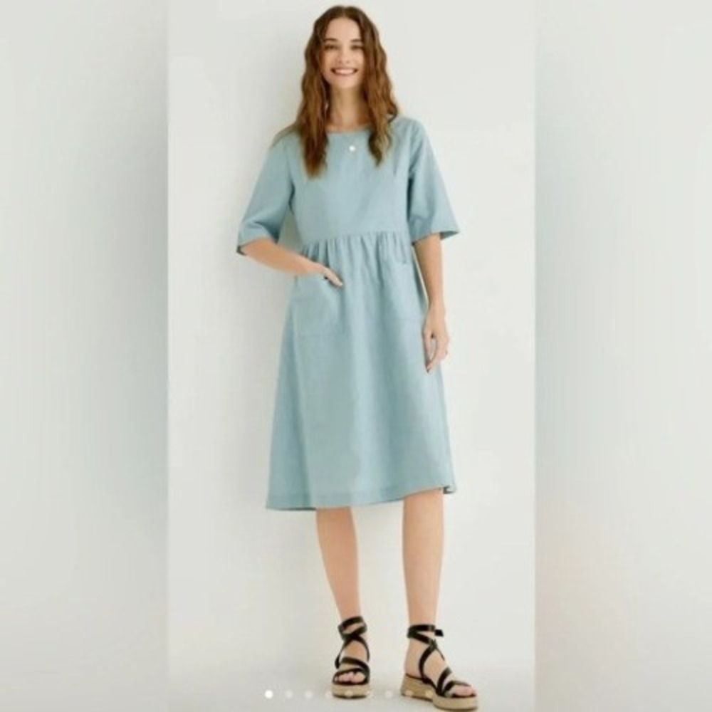 Grae Cove Jayda Linen Cotton Shift Dress Medium Blue Minimalist Prairie Peasant